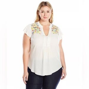 MELISSA McCarthy Seven7 Top Embroidered Front Shoulder Ruffled Cap SS White 2X